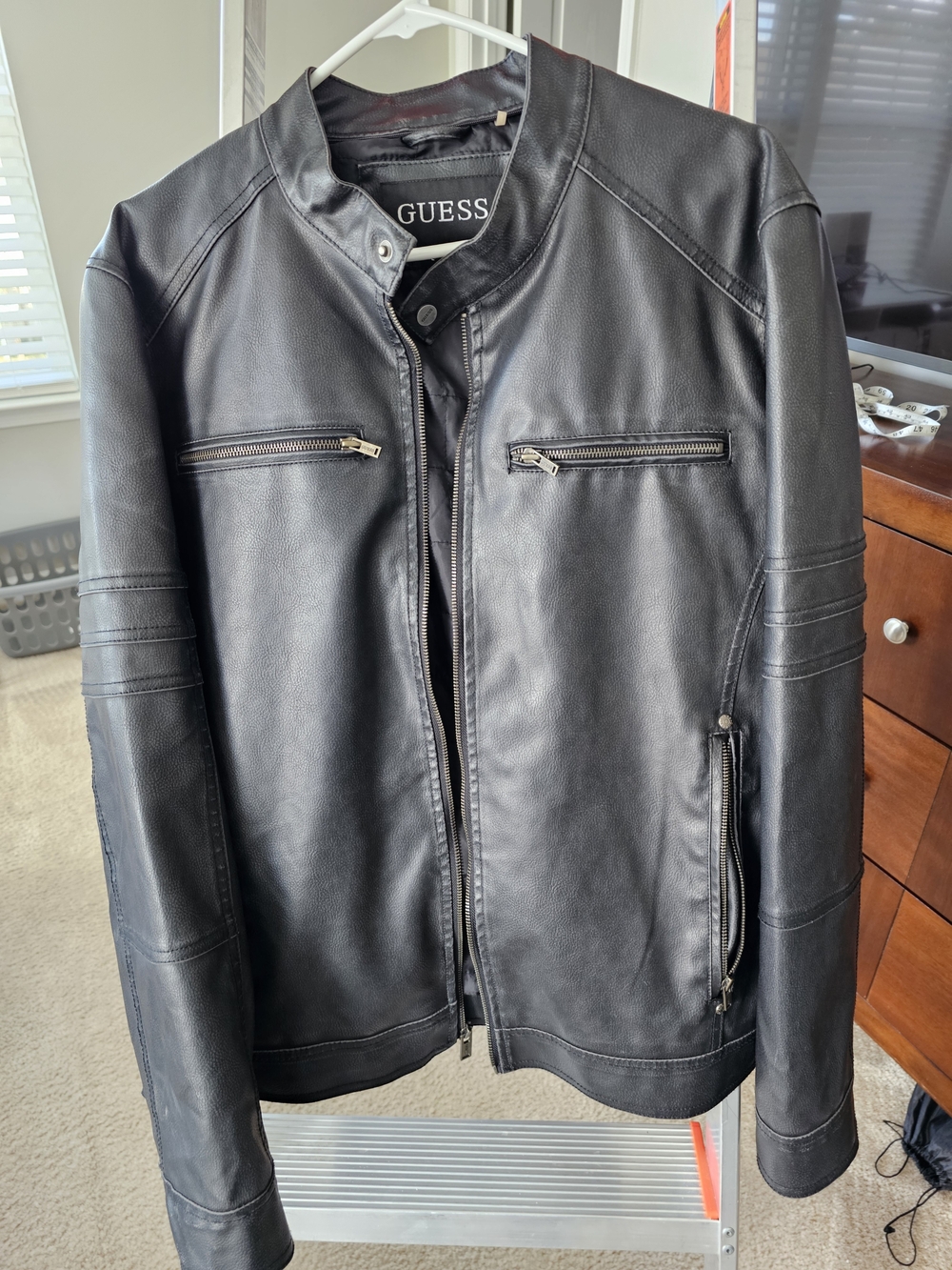 GUESS Black Leather Bomber Jacket with Zip Pockets